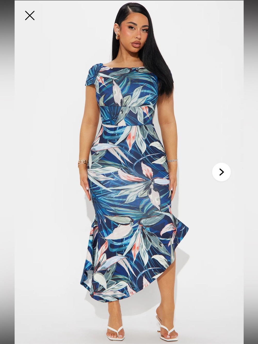Fashion Nova Malu Tropical Asymmetrical Midi Dress | Navy Tropical Print | NWT